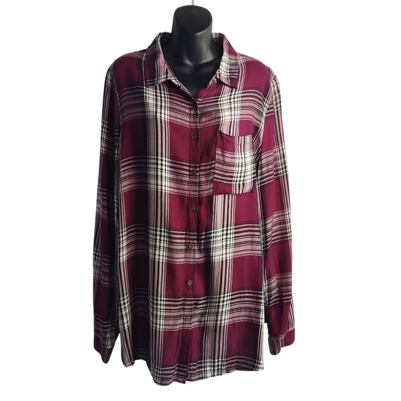 Forever 21 Womens Burgundy White Long Sleeve Plaid Button Up Shirt Plus … - Picture 1 of 8
